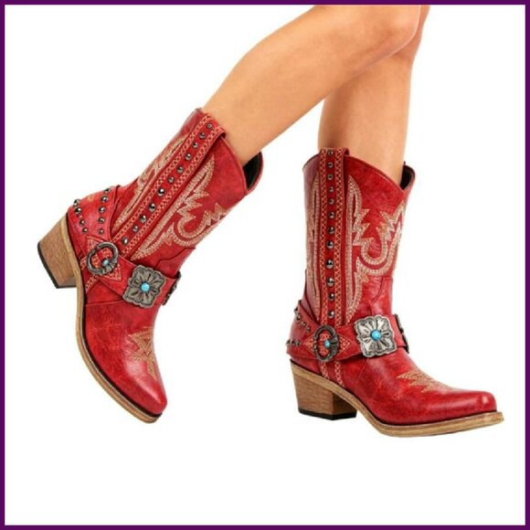 Women's Ankle Boots Western Embroidery Studded Block Heel Synthetic Leather - Picture 5 of 7